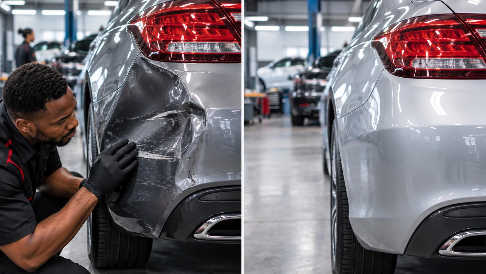 Side-by-side comparison of a vehicle bumper before and after professional panel and paint repair