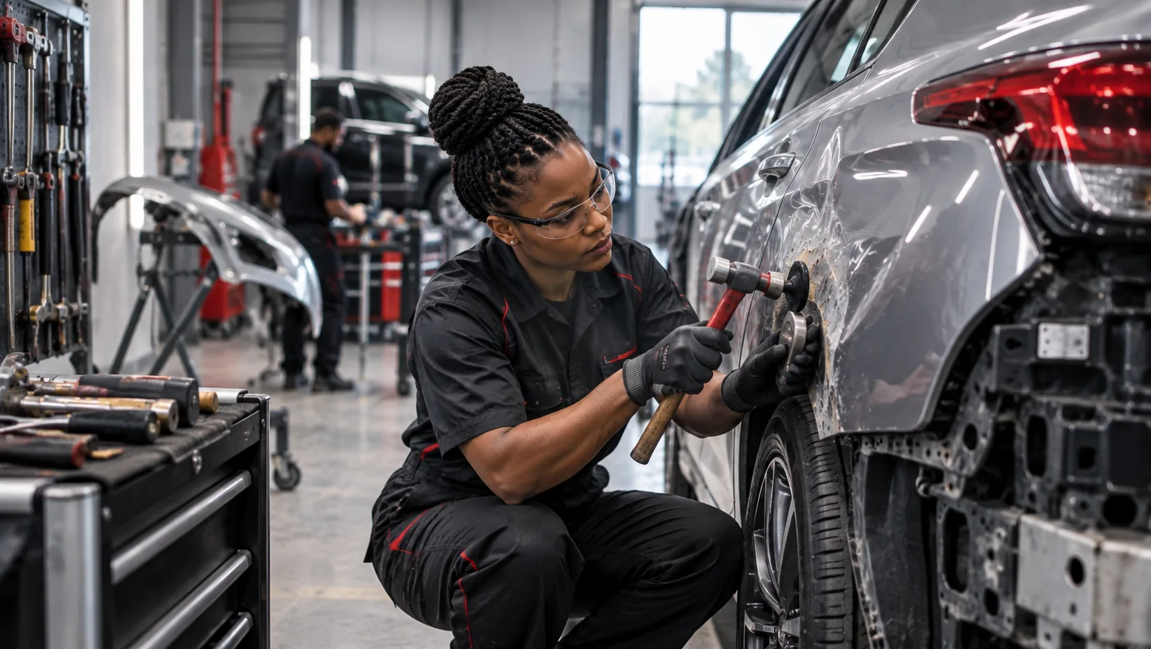 Technician performing panel beating repair work on a dented vehicle body panel