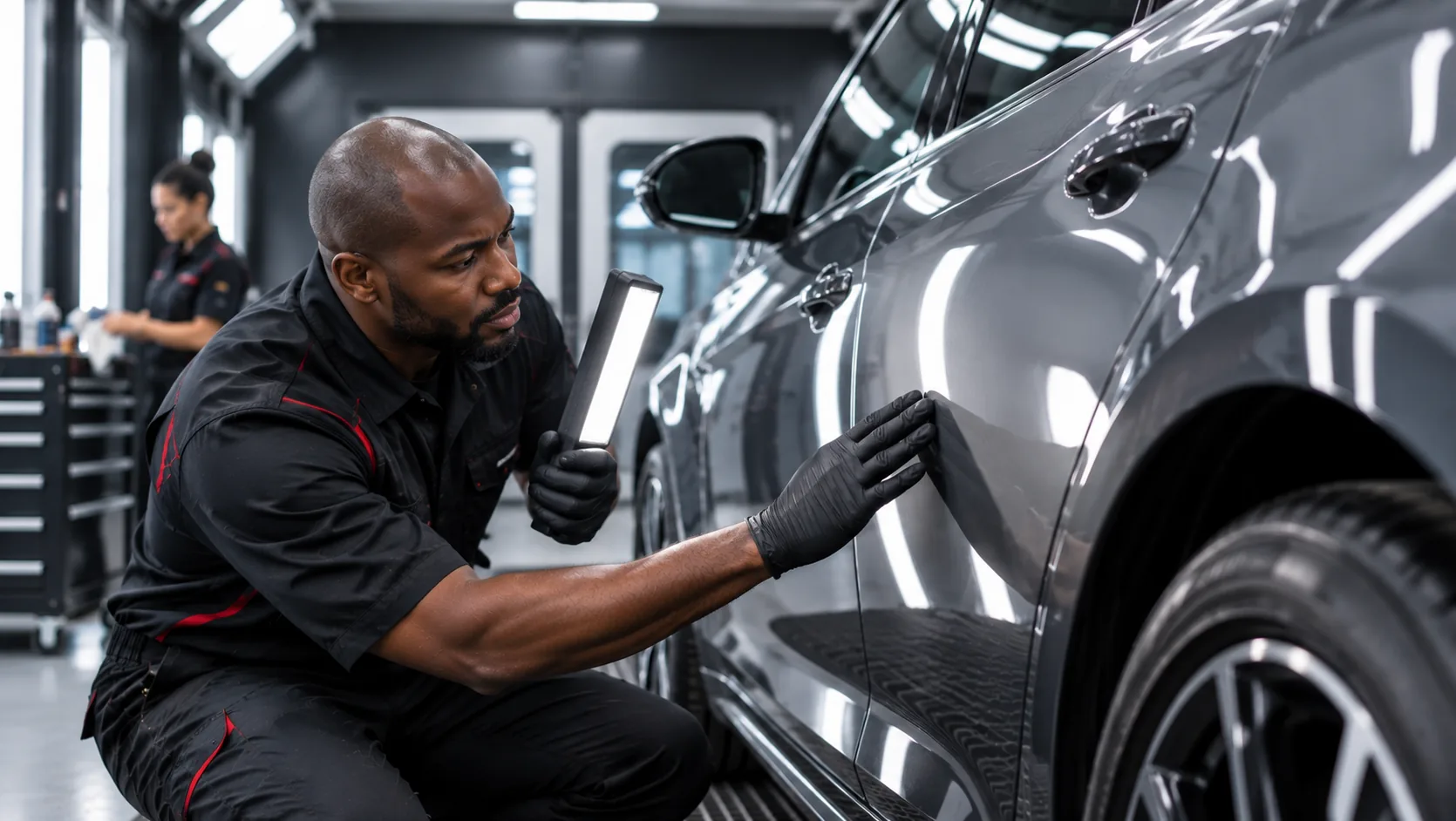 Technician inspecting the paint finish and reflection quality on a repaired vehicle panel