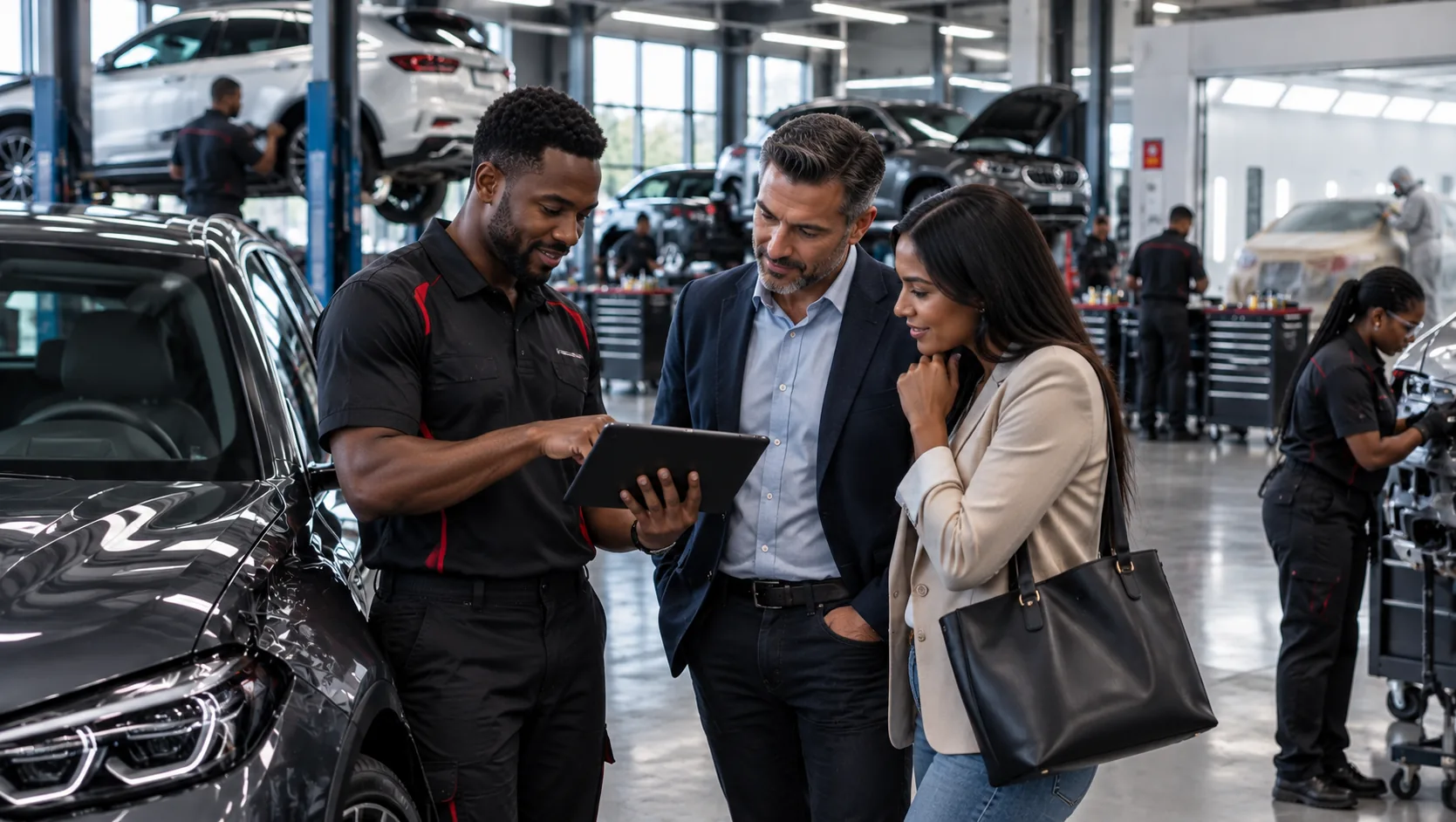 Bluespan Autopanel service advisor reviewing a digital quotation with a customer beside their vehicle