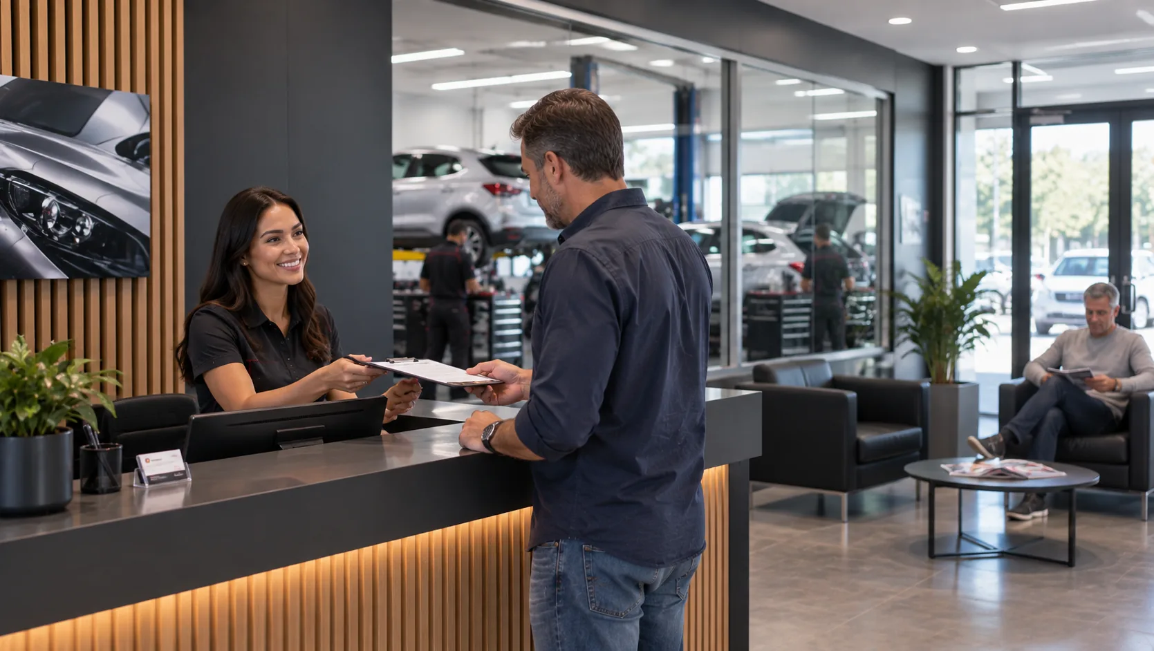 Clean, modern reception and customer waiting area at Bluespan Autopanel