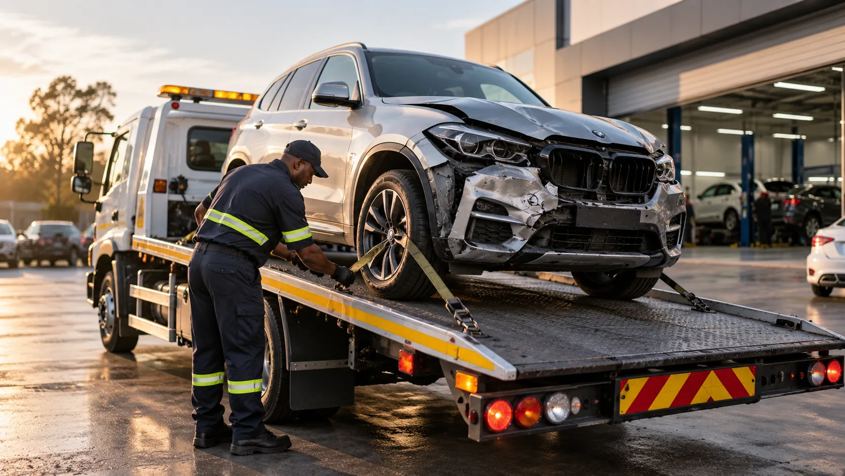 Flatbed tow truck loading a damaged vehicle for recovery to the repair centre